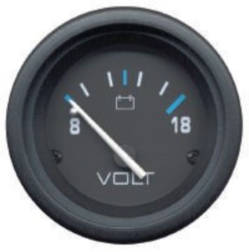 Show details for Mercury-Mercruiser 79-895286A01 VOLTAGE GAUGE, Black Face, White/Blue Graduations, Picture of Mercury-Mercruiser 79-895286A01 VOLTAGE GAUGE, Black Face, White/Blue Graduations,