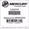 Bar codes for Mercury Marine part number 15920T54