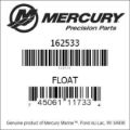 Bar codes for Mercury Marine part number 162533