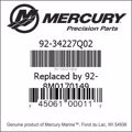 Bar codes for Mercury Marine part number 92-34227Q02