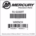 Bar codes for Mercury Marine part number 91-61069T