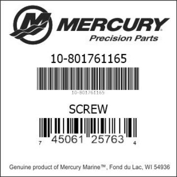 Mercury Marine part number 10-801761165 SCREW Bar codes for Mercury Marine part number 10-801761165