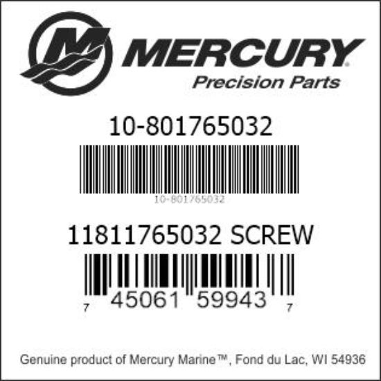 Bar codes for Mercury Marine part number 10-801765032