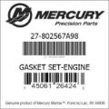 Bar codes for Mercury Marine part number 27-802567A98