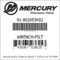 Bar codes for Mercury Marine part number 91-802653K02