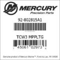 Bar codes for Mercury Marine part number 92-802815A1