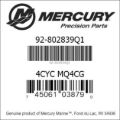 Bar codes for Mercury Marine part number 92-802839Q1
