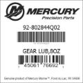 Bar codes for Mercury Marine part number 92-802844Q02