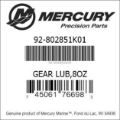 Bar codes for Mercury Marine part number 92-802851K01