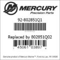 Bar codes for Mercury Marine part number 92-802851Q1