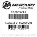 Bar codes for Mercury Marine part number 92-802865A1