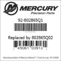 Bar codes for Mercury Marine part number 92-802865Q1