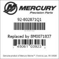 Bar codes for Mercury Marine part number 92-802871Q1