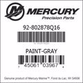 Bar codes for Mercury Marine part number 92-802878Q16