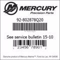 Bar codes for Mercury Marine part number 92-802878Q20