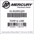 Bar codes for Mercury Marine part number 91-802891Q05
