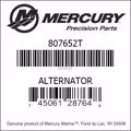 Bar codes for Mercury Marine part number 807652T