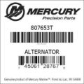 Bar codes for Mercury Marine part number 807653T