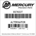 Bar codes for Mercury Marine part number 807653T