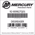 Bar codes for Mercury Marine part number 92-809827Q01