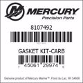 Bar codes for Mercury Marine part number 8107492