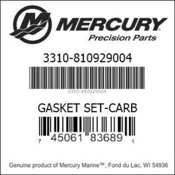 Mercury Marine part number 3310-810929004 GASKET SET-CARB Bar codes for Mercury Marine part number 3310-810929004