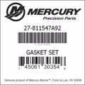 Bar codes for Mercury Marine part number 27-811547A92
