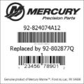 Bar codes for Mercury Marine part number 92-824074A12
