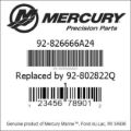 Bar codes for Mercury Marine part number 92-826666A24