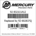 Bar codes for Mercury Marine part number 92-832111A12
