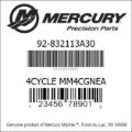 Bar codes for Mercury Marine part number 92-832113A30