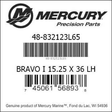 Mercury Marine part number 48-832123L65 BRAVO I 15.25 X 36 LH Bar codes for Mercury Marine part number 48-832123L65
