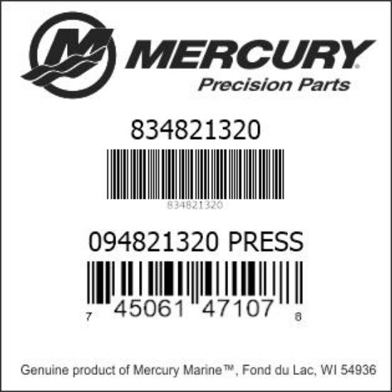 Bar codes for Mercury Marine part number 834821320