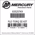 Bar codes for Mercury Marine part number 835257K9