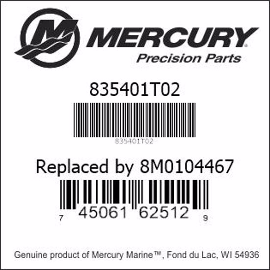 Bar codes for Mercury Marine part number 835401T02
