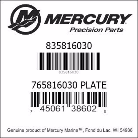 Bar codes for Mercury Marine part number 835816030