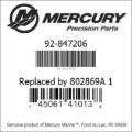 Bar codes for Mercury Marine part number 92-847206
