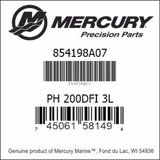 Bar codes for Mercury outboard part number 854198A07 powerhead