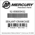 Bar codes for Mercury Marine part number 92-858005K02