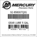 Bar codes for Mercury Marine part number 92-858007Q01