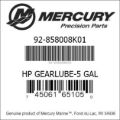 Bar codes for Mercury Marine part number 92-858008K01