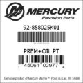 Bar codes for Mercury Marine part number 92-858025K01