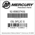 Bar codes for Mercury Marine part number 92-858037K01