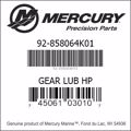 Bar codes for Mercury Marine part number 92-858064K01
