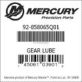 Bar codes for Mercury Marine part number 92-858065Q01