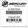 Bar codes for Mercury Marine part number 92-858070K01