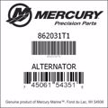 Bar codes for Mercury Marine part number 862031T1