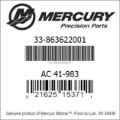 Bar codes for Mercury Marine part number 33-863622001