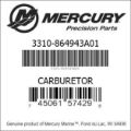 Bar codes for Mercury Marine part number 3310-864943A01