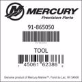 Bar codes for Mercury Marine part number 91-865050